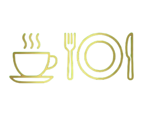Icono dorado de taza de café y platos de almuerzo popular en Albacete.