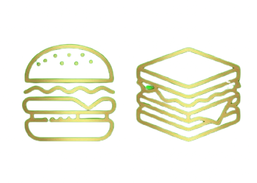 Icono dorado de hamburguesa gourmet Black Angus y sándwich crujiente.