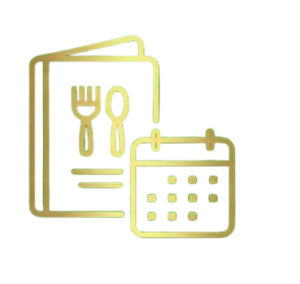 Icono dorado de carta de menú y calendario diario para restaurante.