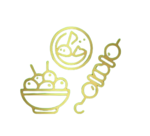 Icono dorado de raciones de tapas tradicionales y brochetas manchegas.