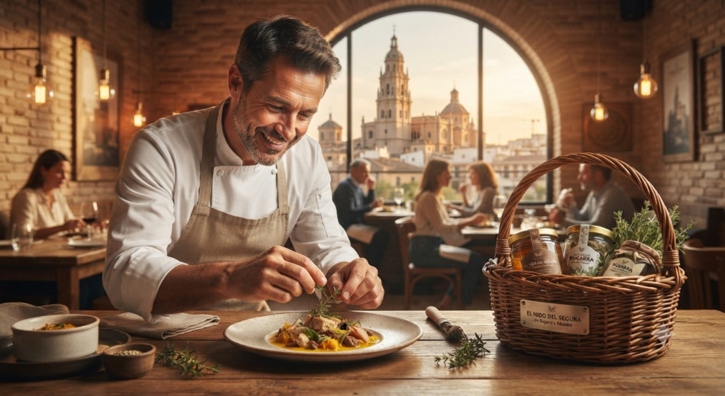 Chef preparando un plato de autor en El Nido del Segura, con vistas a la catedral y productos de Bogarra.